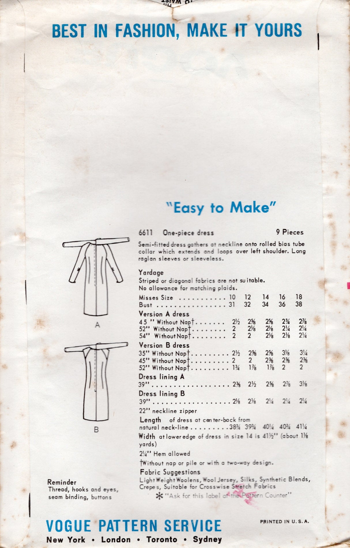 1960's Vogue Sheath Dress Pattern with Rolled Collar - Bust 31" - No. 6611