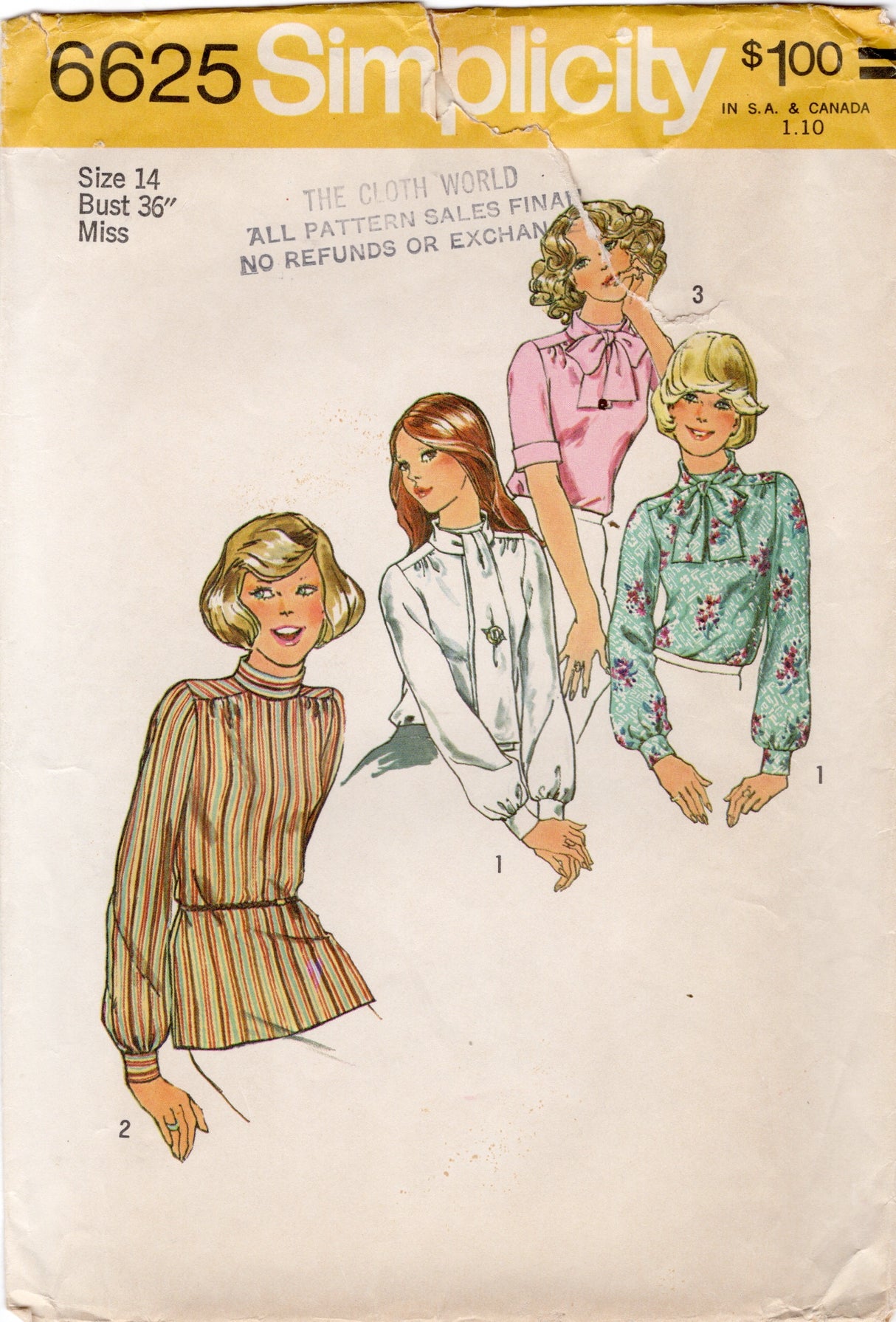 1970’s Simplicity Yoked Blouse with Pussy Bow Pattern - Bust 36” - No.6625