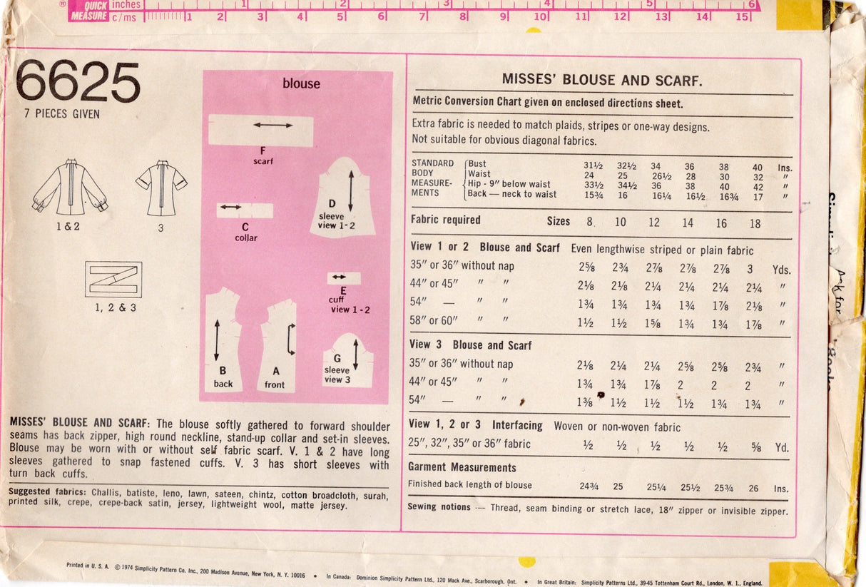 1970’s Simplicity Yoked Blouse with Pussy Bow Pattern - Bust 36” - No.6625