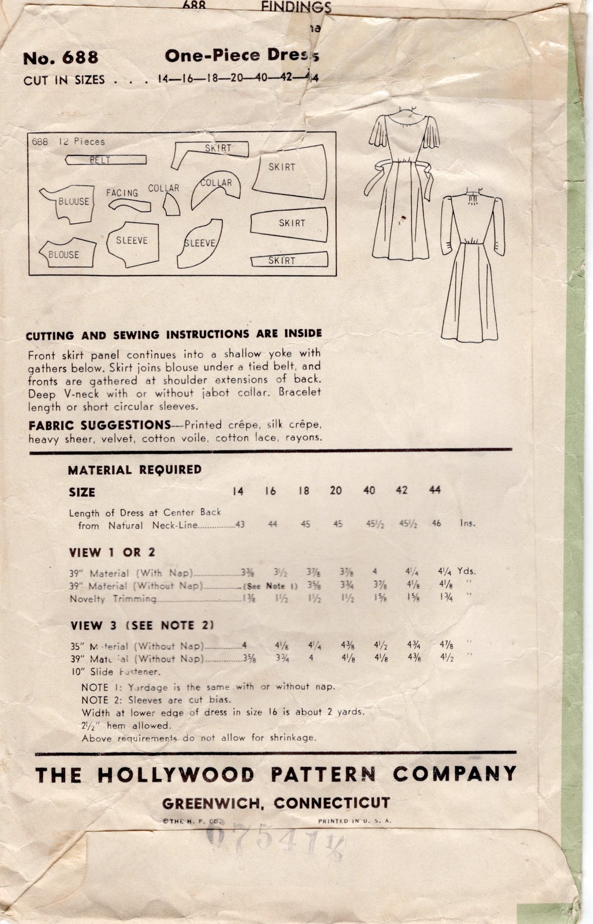 1940's Hollywood Gathered Bodice Dress Pattern with Gathered Side Skirts - Bust 38" - No. 688