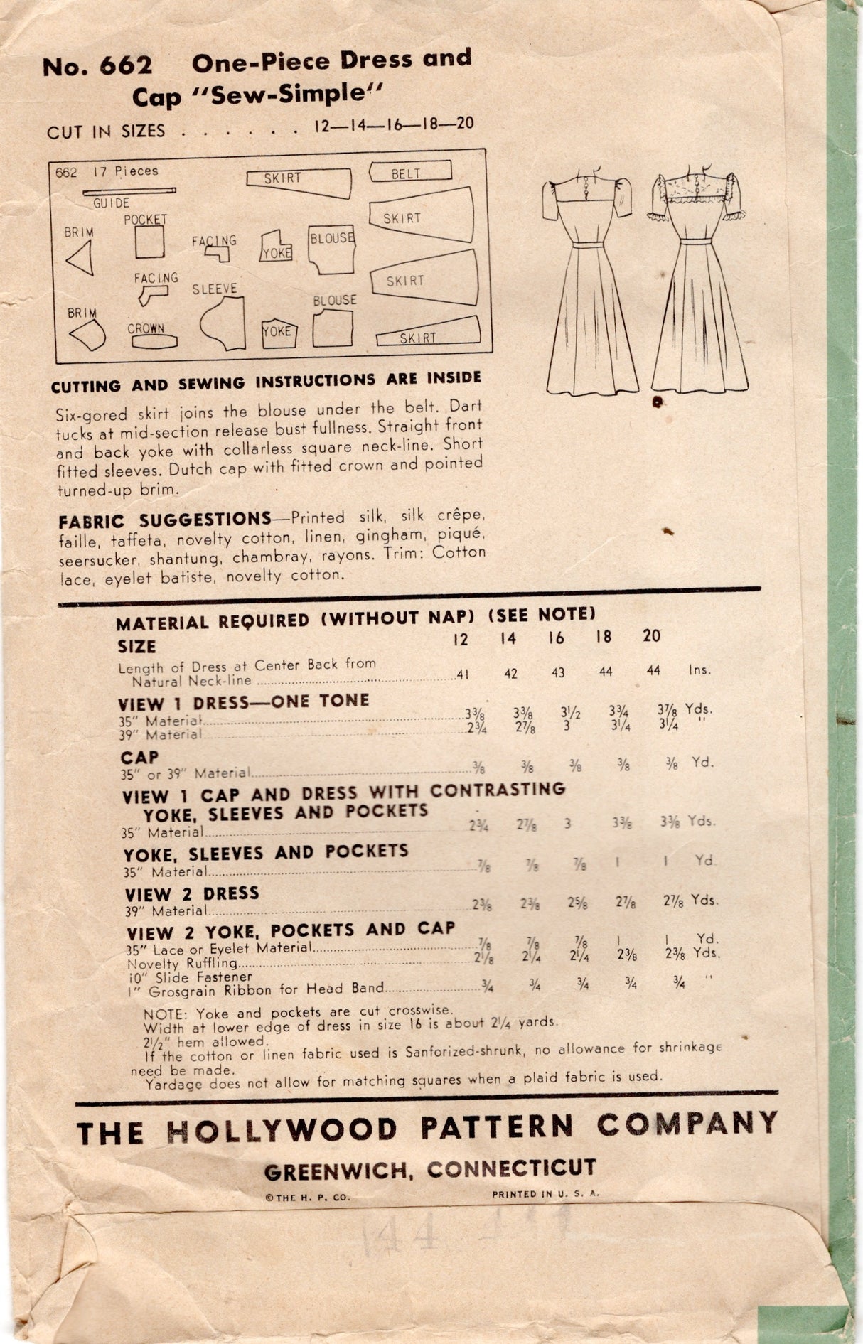 1940's Hollywood Yoked Dress and Cap Pattern - Bust 38" - No. 662