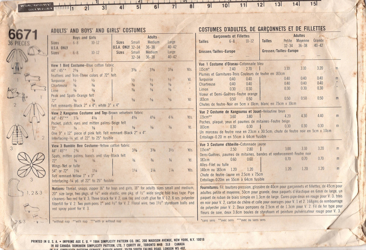 1980's Simplicity Bird, Kangaroo and Bumble bee Costume pattern - Bust/Chest 40-42" - No. 6671