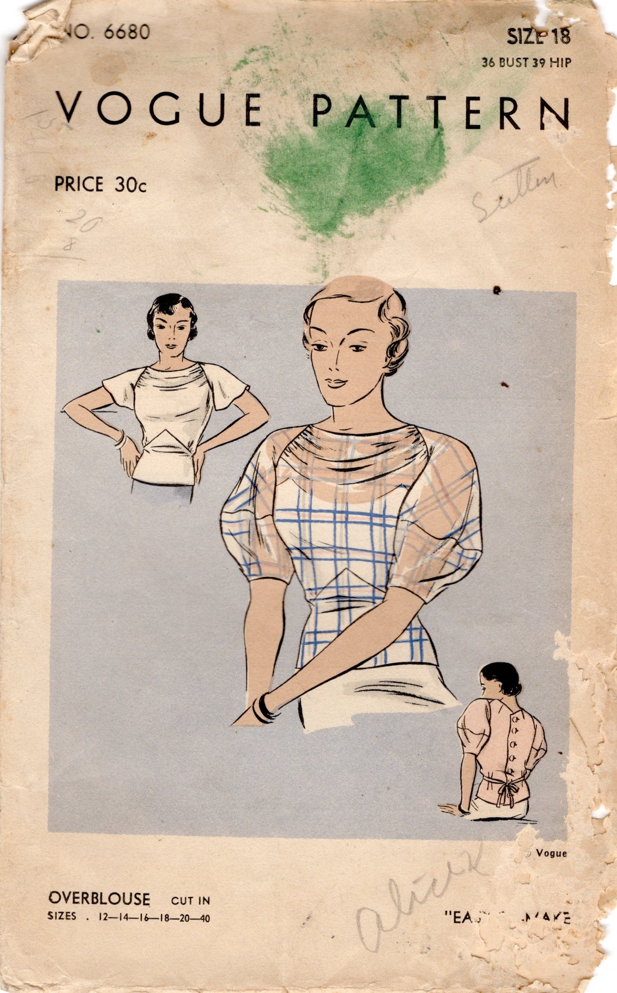 1930's Vogue Draped Front Blouse with Flutter or Lantern Sleeves - Bust 36" - No. 6680