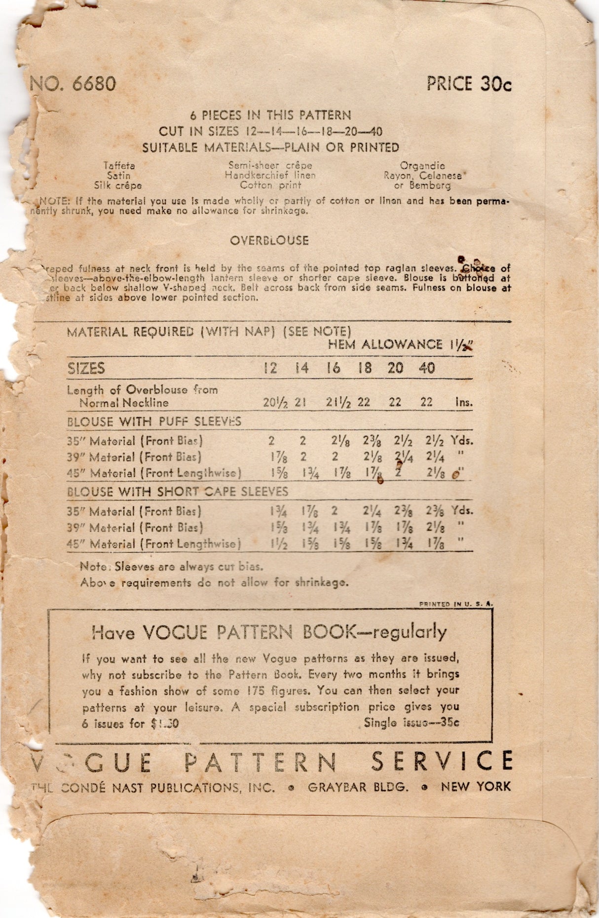 1930's Vogue Draped Front Blouse with Flutter or Lantern Sleeves - Bust 36" - No. 6680