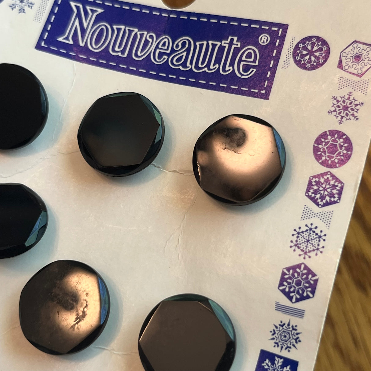 1960’s Nouveaute Glass Buttons - Black - Set of 9 - 3/4" - on card