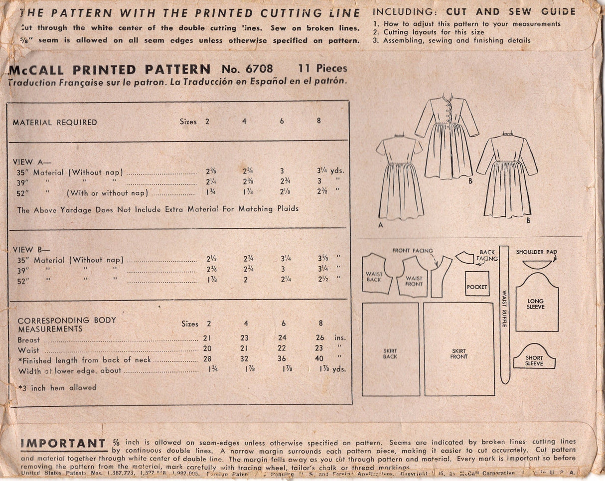 1940's McCall Child's Housecoat Pattern - Sz 4 - Chest 23" - No. 6708