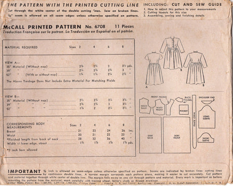 1940's McCall Child's Housecoat Pattern - Sz 4 - Chest 23" - No. 6708