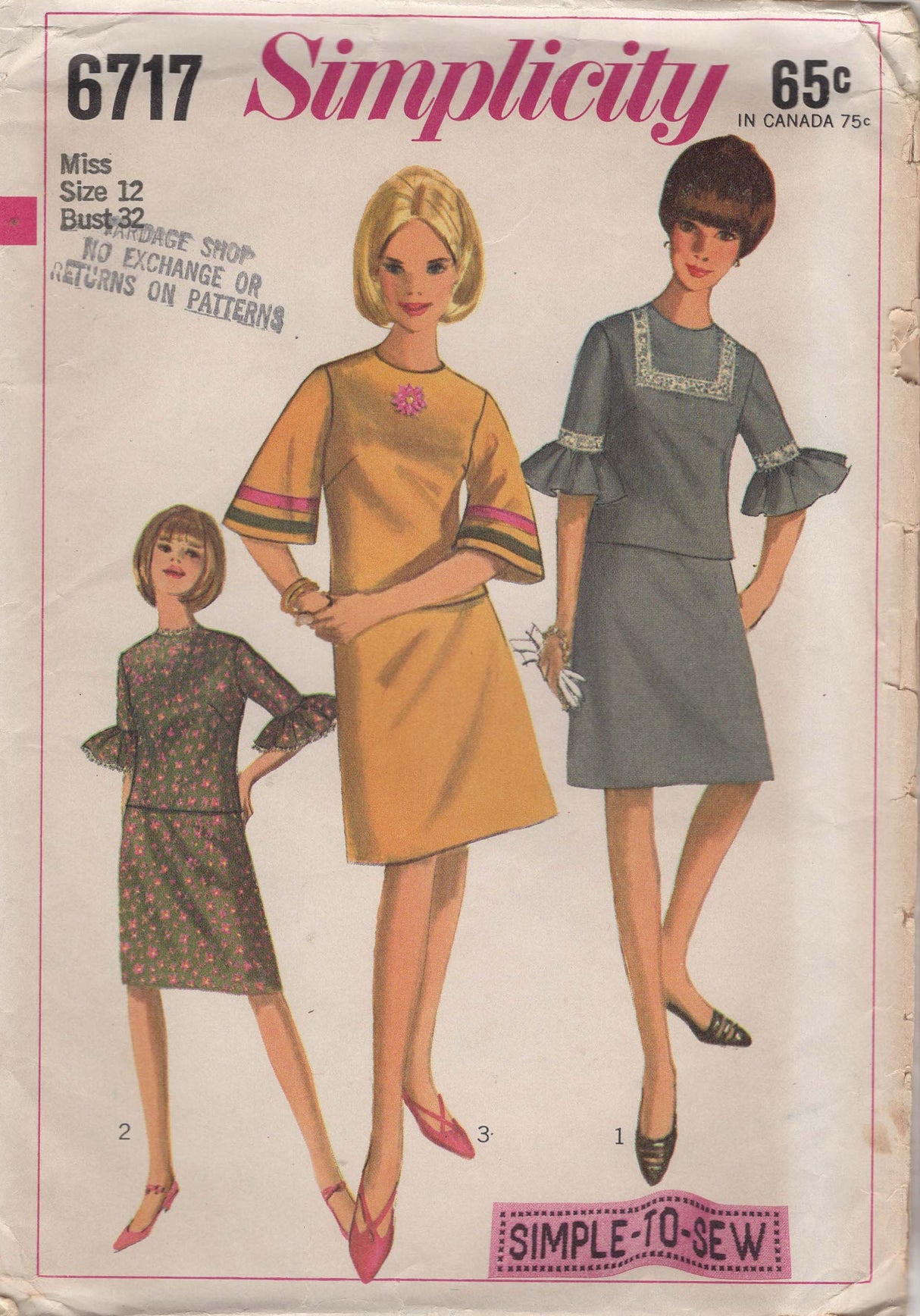1960's Simplicity Two Piece Dress Pattern - Bust 32" - No. 6717