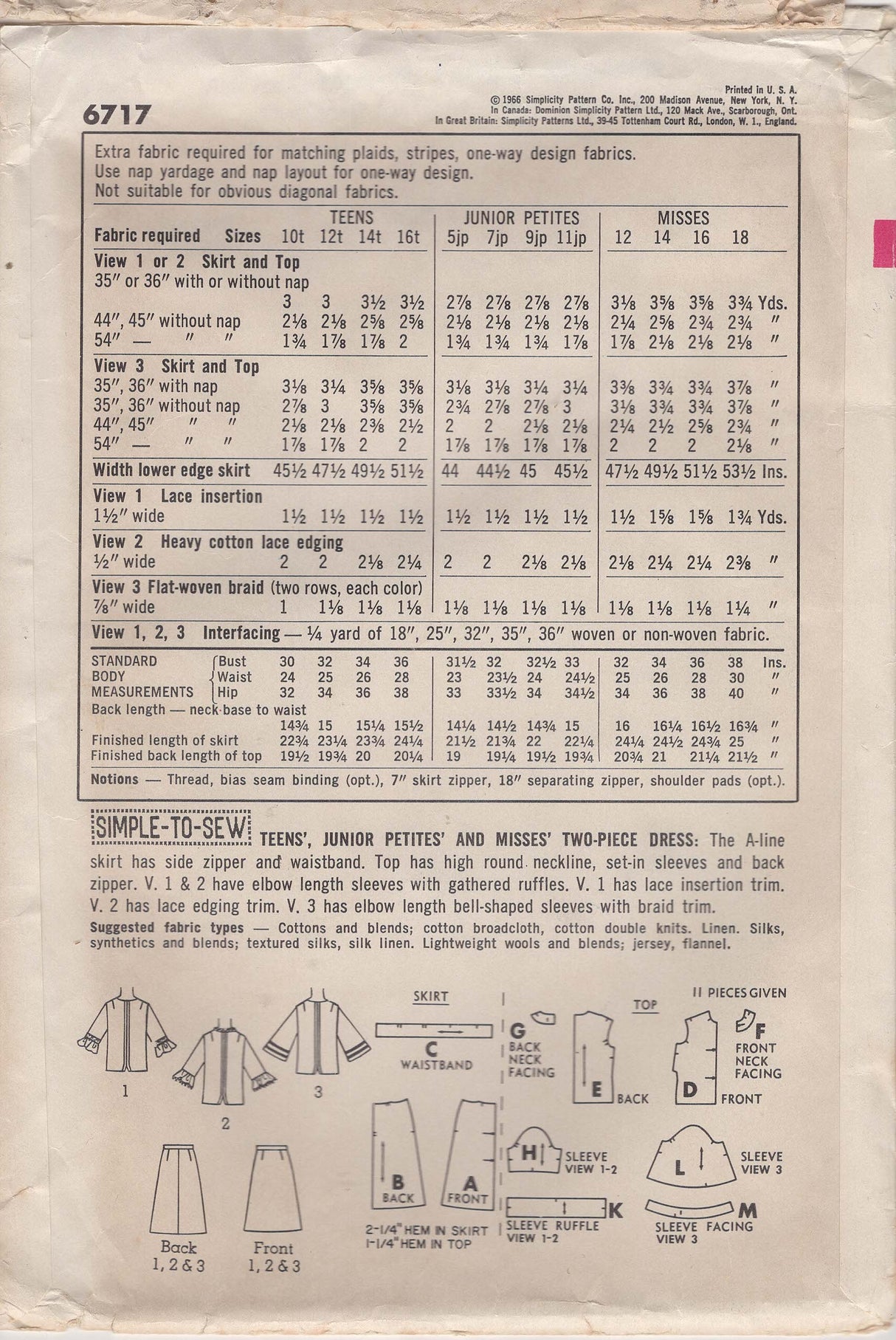 1960's Simplicity Two Piece Dress Pattern - Bust 32" - No. 6717