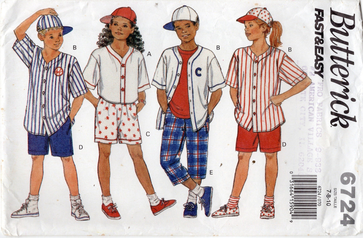 1990's Butterick Child's Loose Fitting Sports Top, Shorts, Pants, and Cap Pattern - Chest 26-28.5" - No. 6724