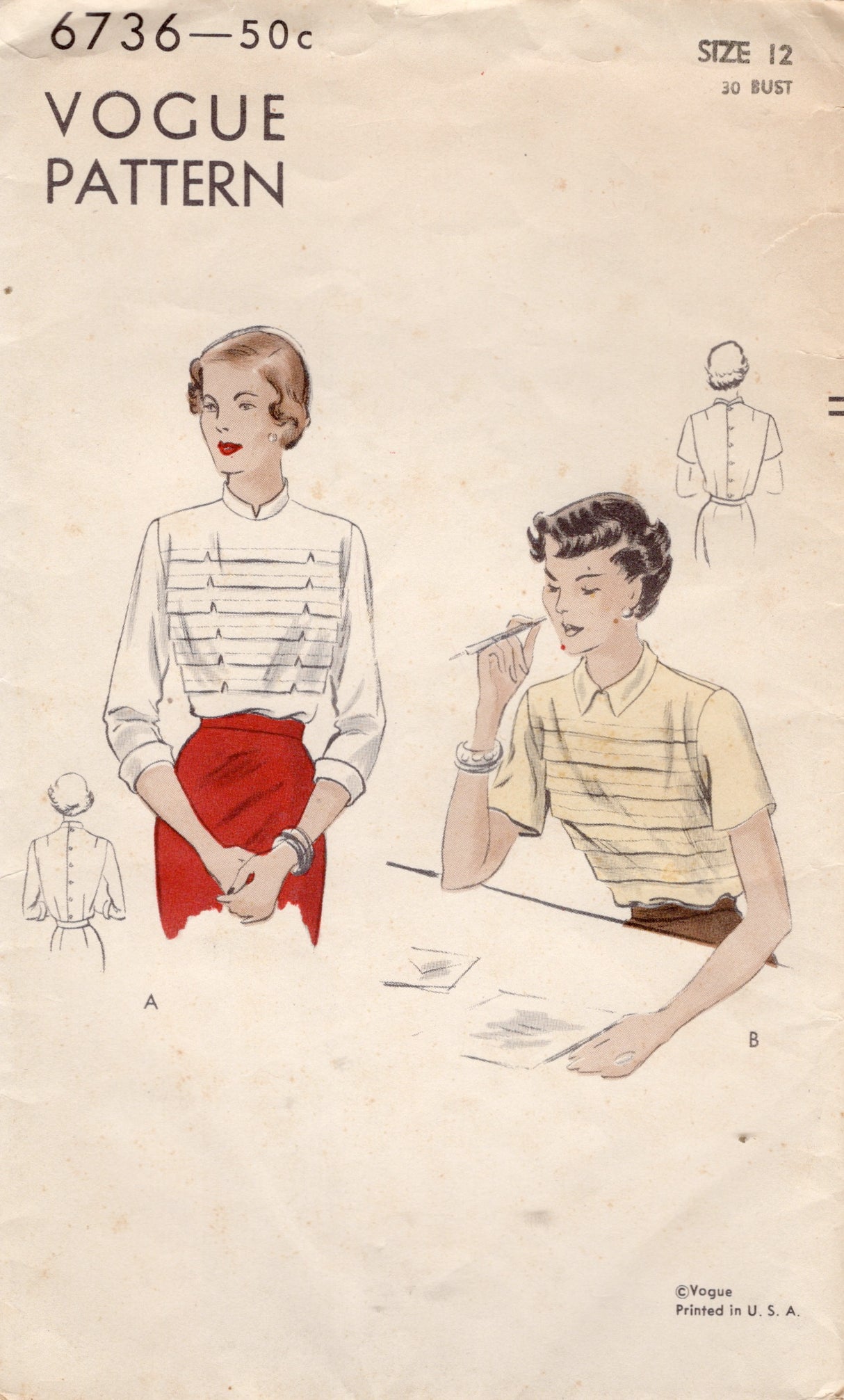 1940's Vogue Tucked Front Blouse with Two Sleeve Styles - Bust 30" - No. 6736