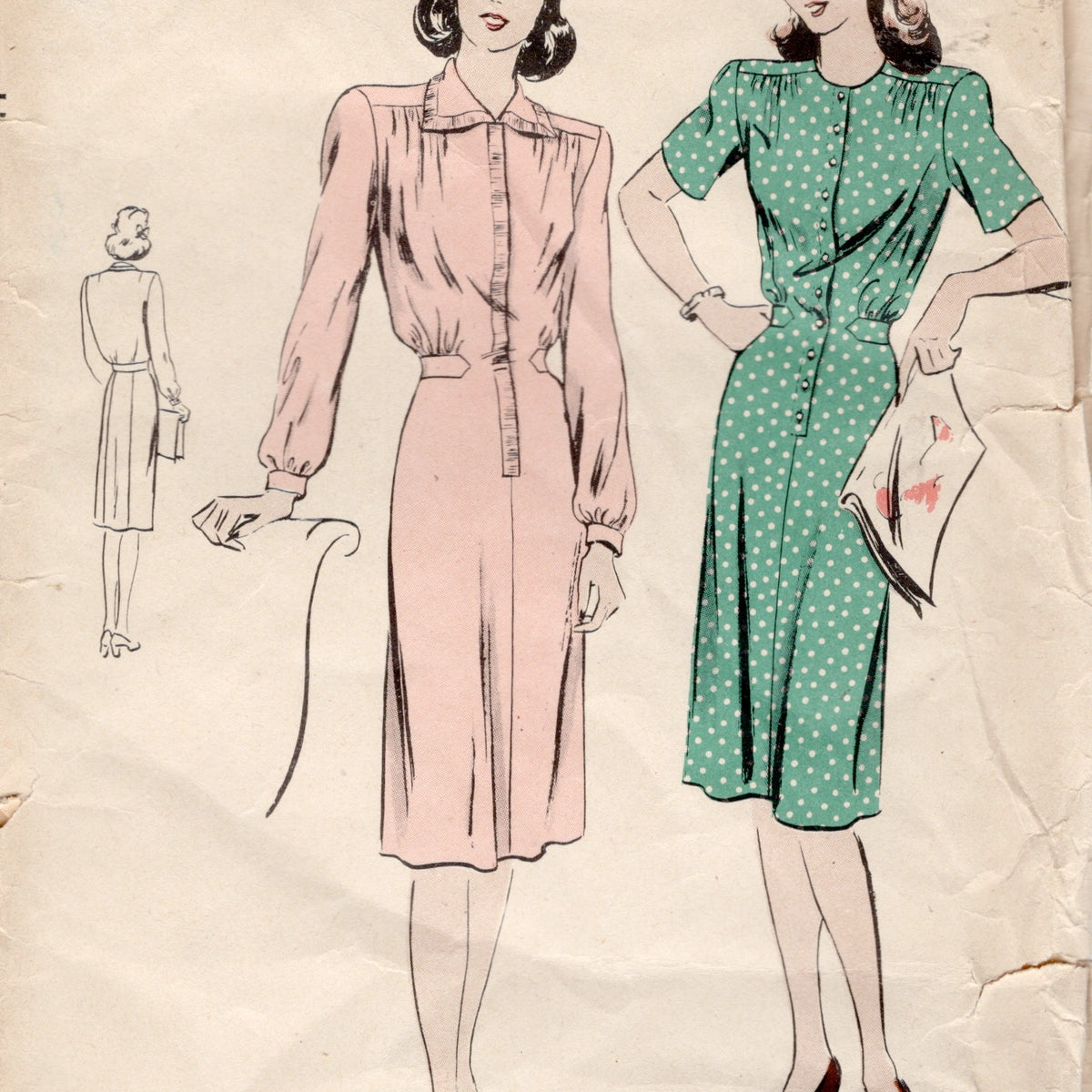 long sleeve 1940s dress 1940's Vogue Button Up Dress Pattern with Tab Accents - Bust 32