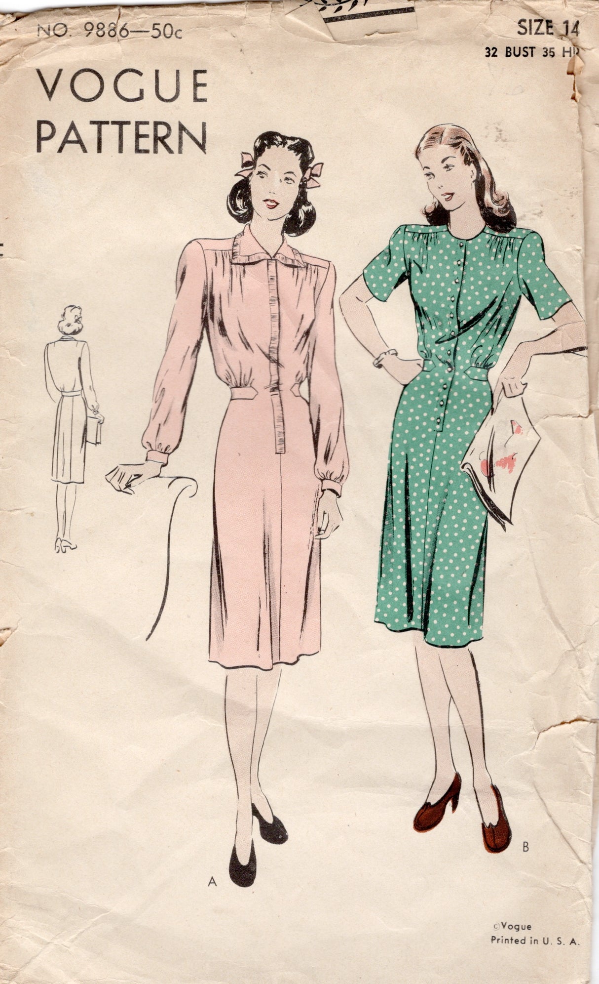 1940's Vogue Button Up Dress Pattern with Tab Accents - Bust 32" - No. 9886