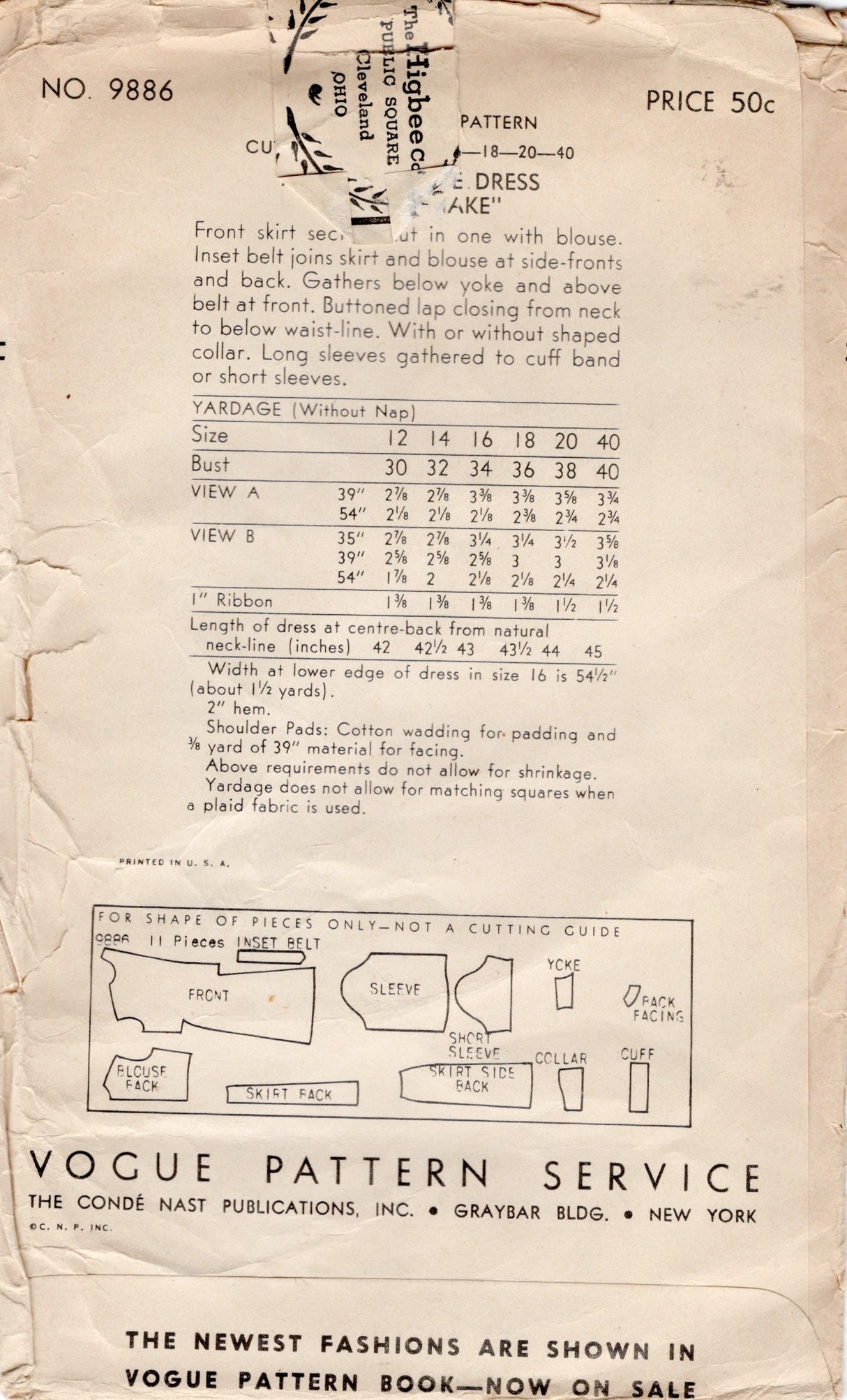 1940's Vogue Button Up Dress Pattern with Tab Accents - Bust 32" - No. 9886