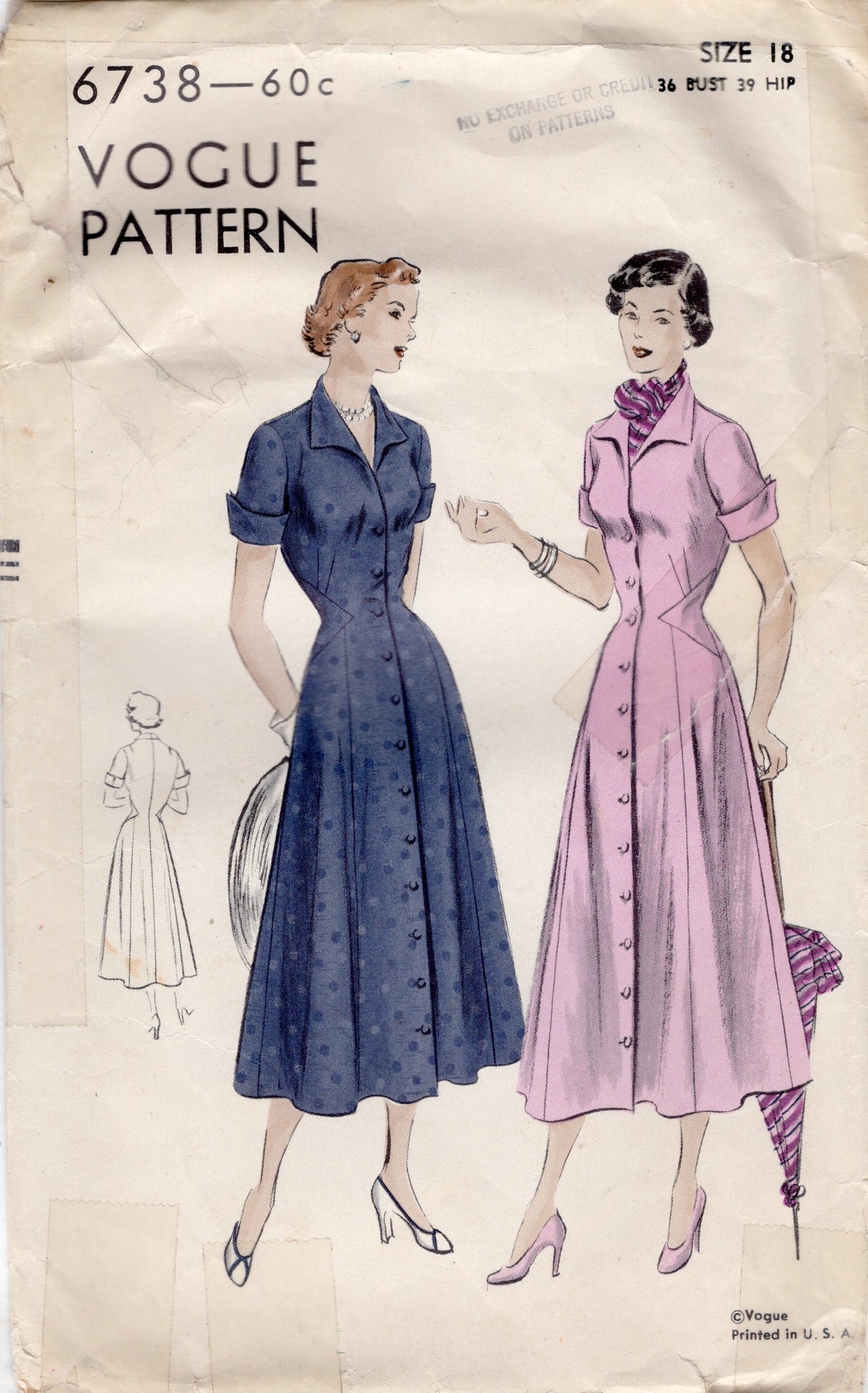 1940’s Vogue Button Up Dress with Accent Panels Pattern- Bust  36” - No. 6738