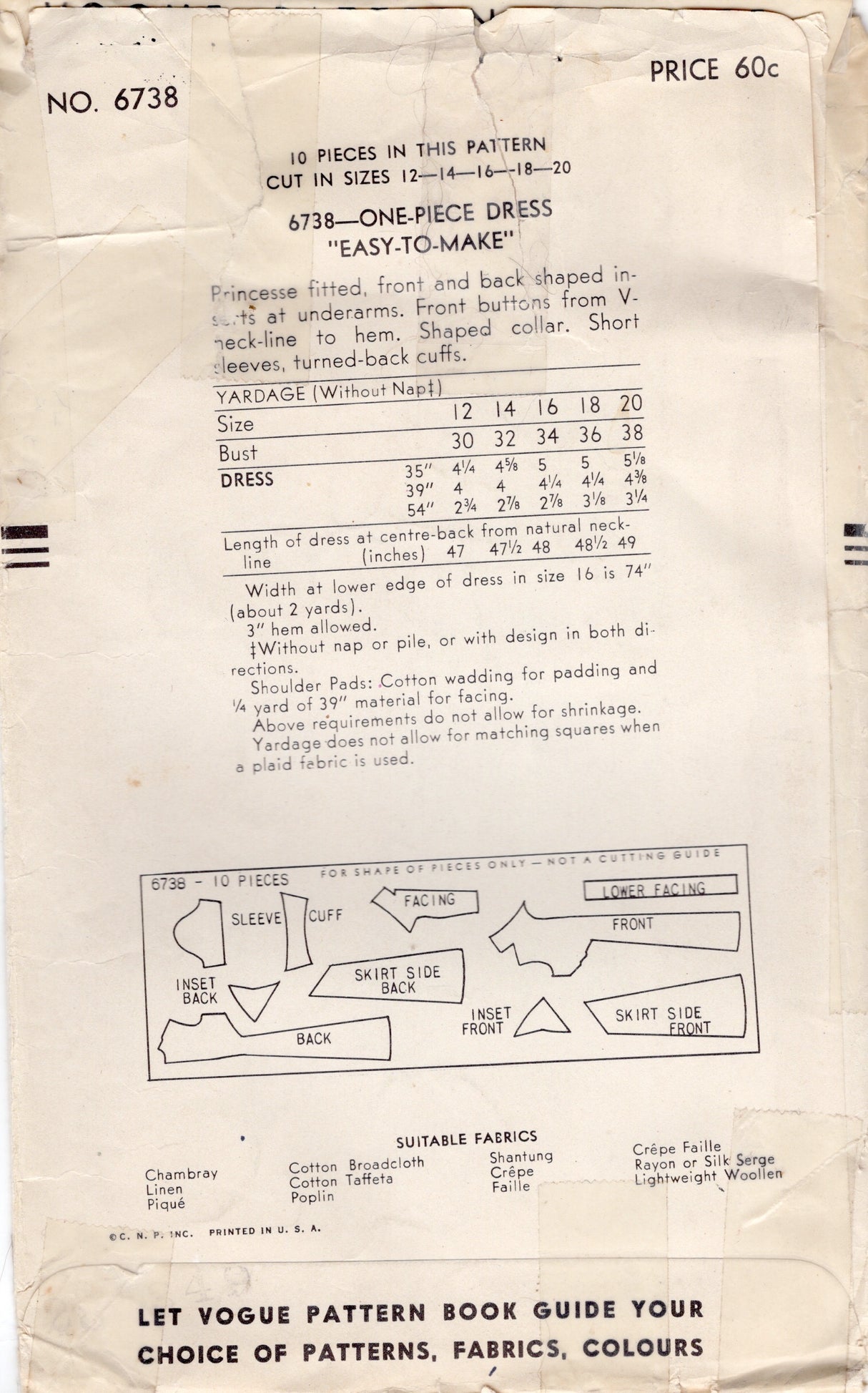 1940’s Vogue Button Up Dress with Accent Panels Pattern- Bust  36” - No. 6738