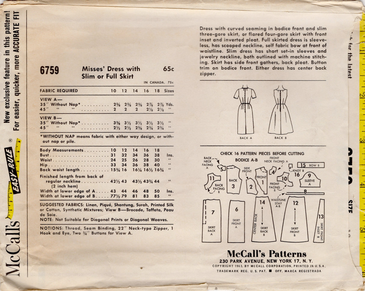 1960's McCall's Slim Fit or Flared Skirt Dress with Curved Fitted Waist detail - Bust 38" - No. 6759