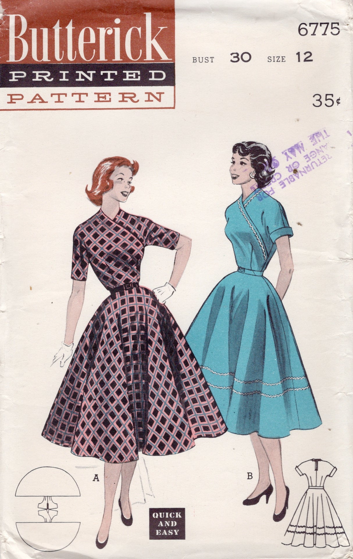 1950's Butterick Surplice Bodice Dress Pattern - Bust 30" - No. 6775
