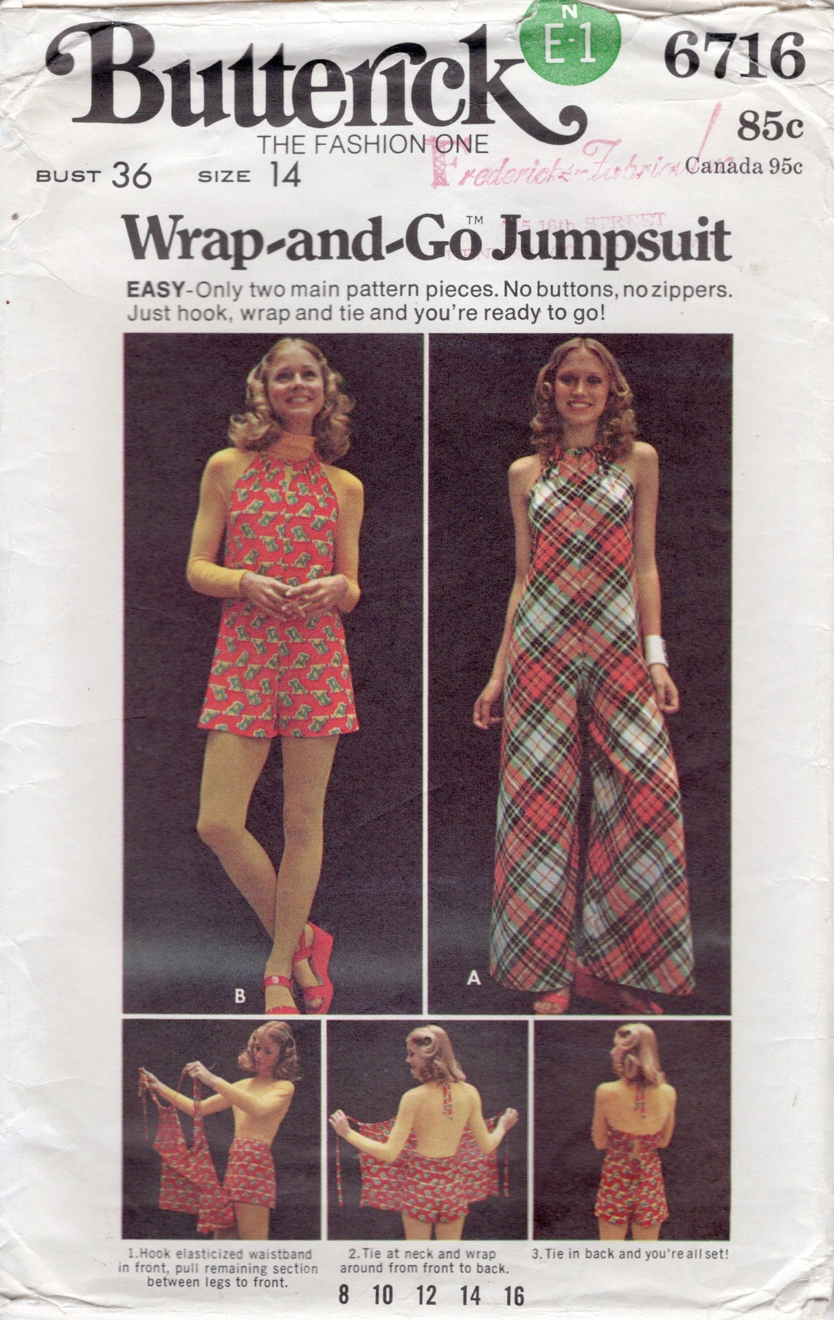 1970's Butterick Jumpsuit in two lengths - Bust 36" - No. 6716