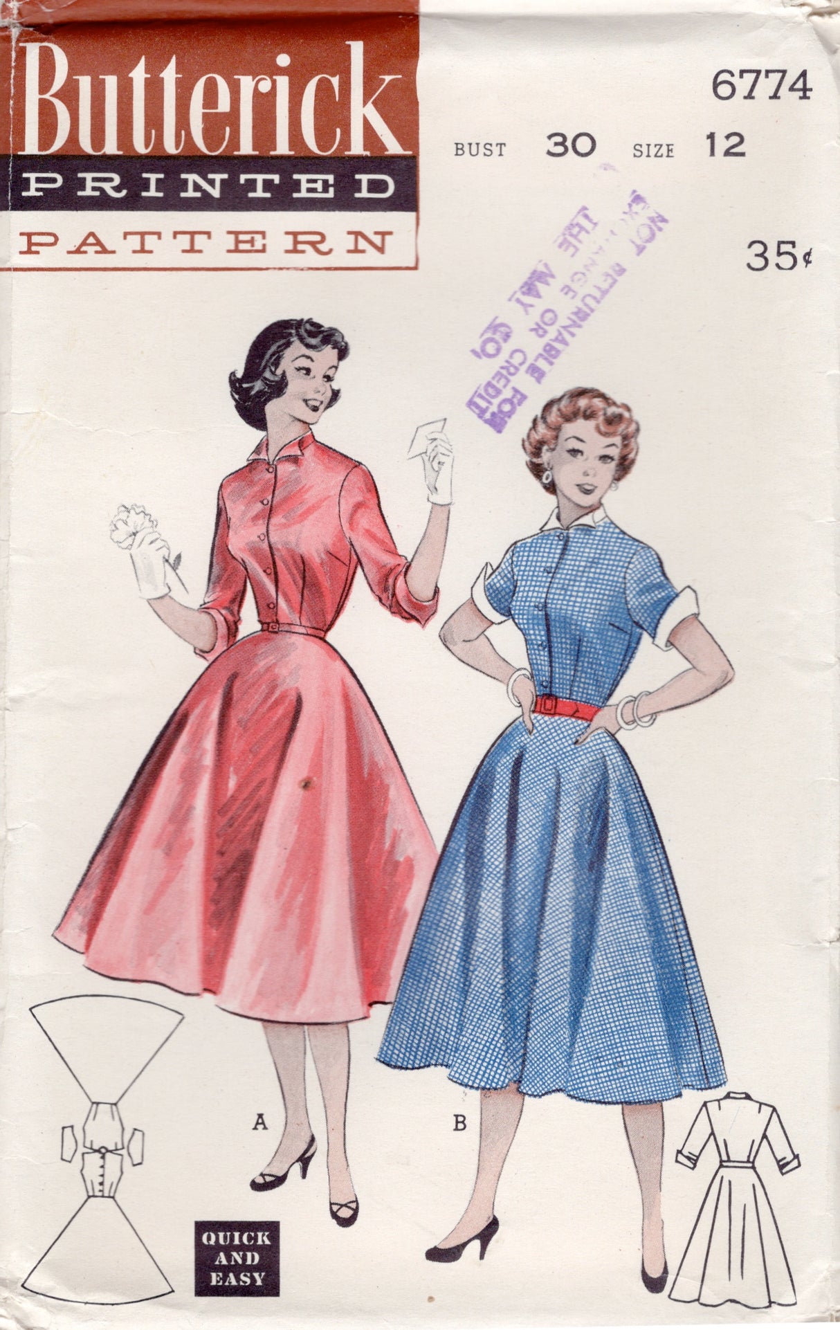 1950's Butterick Shirtwaist Dress Pattern with short or elbow length sleeves- Bust 30" - No. 6774