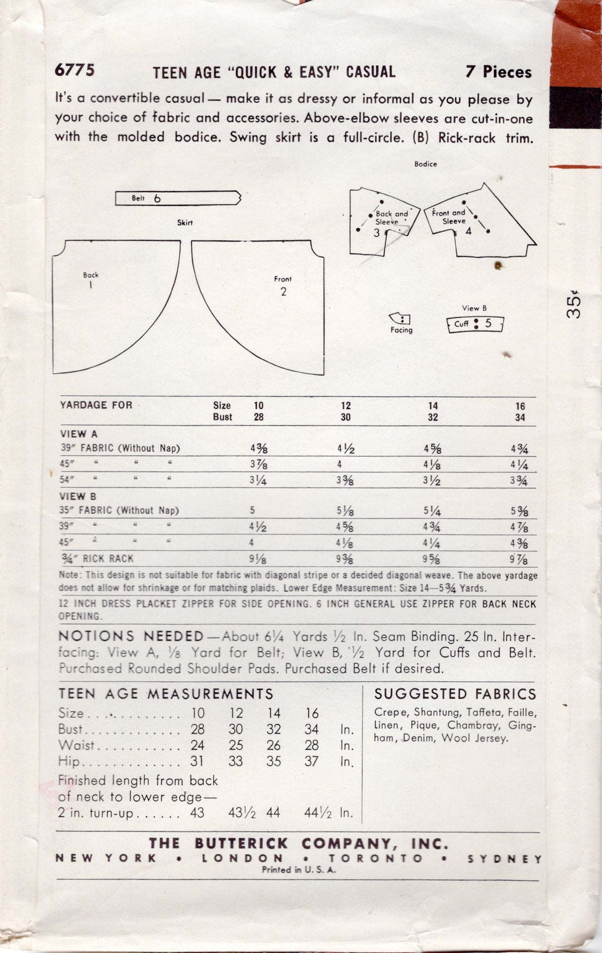1950's Butterick Surplice Bodice Dress Pattern - Bust 30" - No. 6775