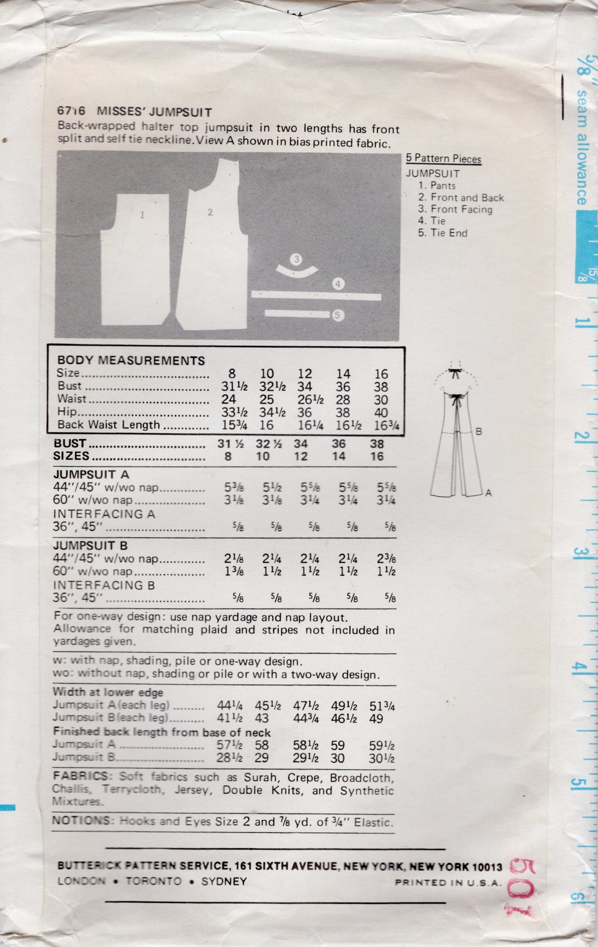 1970's Butterick Jumpsuit in two lengths - Bust 36" - No. 6716