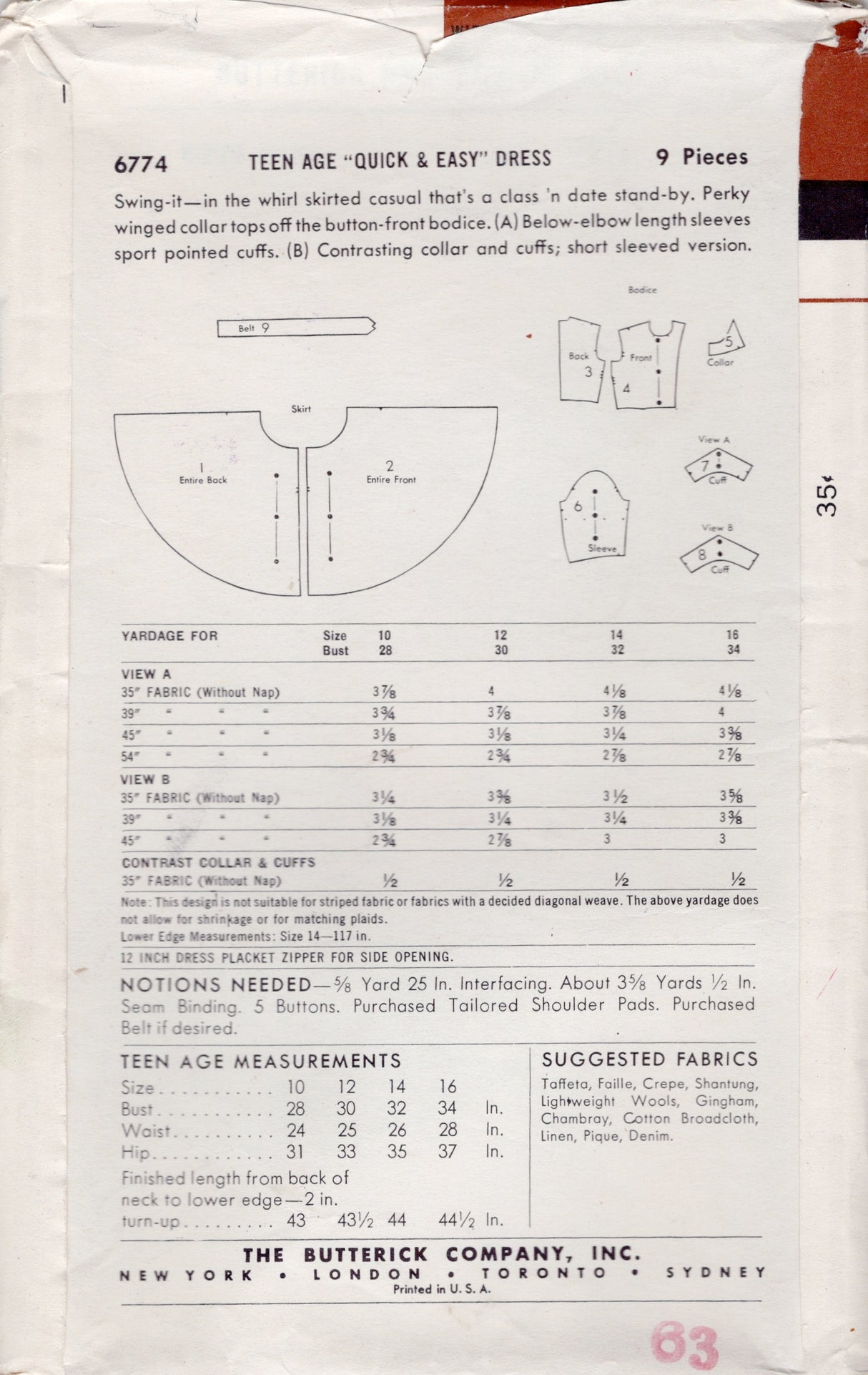 1950's Butterick Shirtwaist Dress Pattern with short or elbow length sleeves- Bust 30" - No. 6774