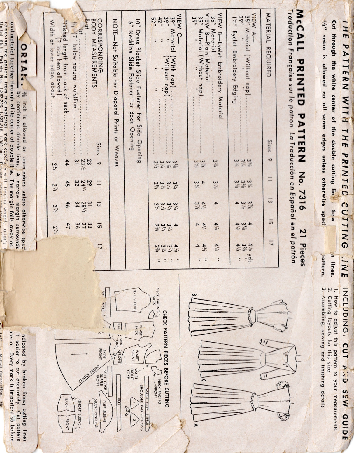1940's McCall Yoked Dress Pattern with Puff or Straight Sleeves - Bust 31" - No. 7316