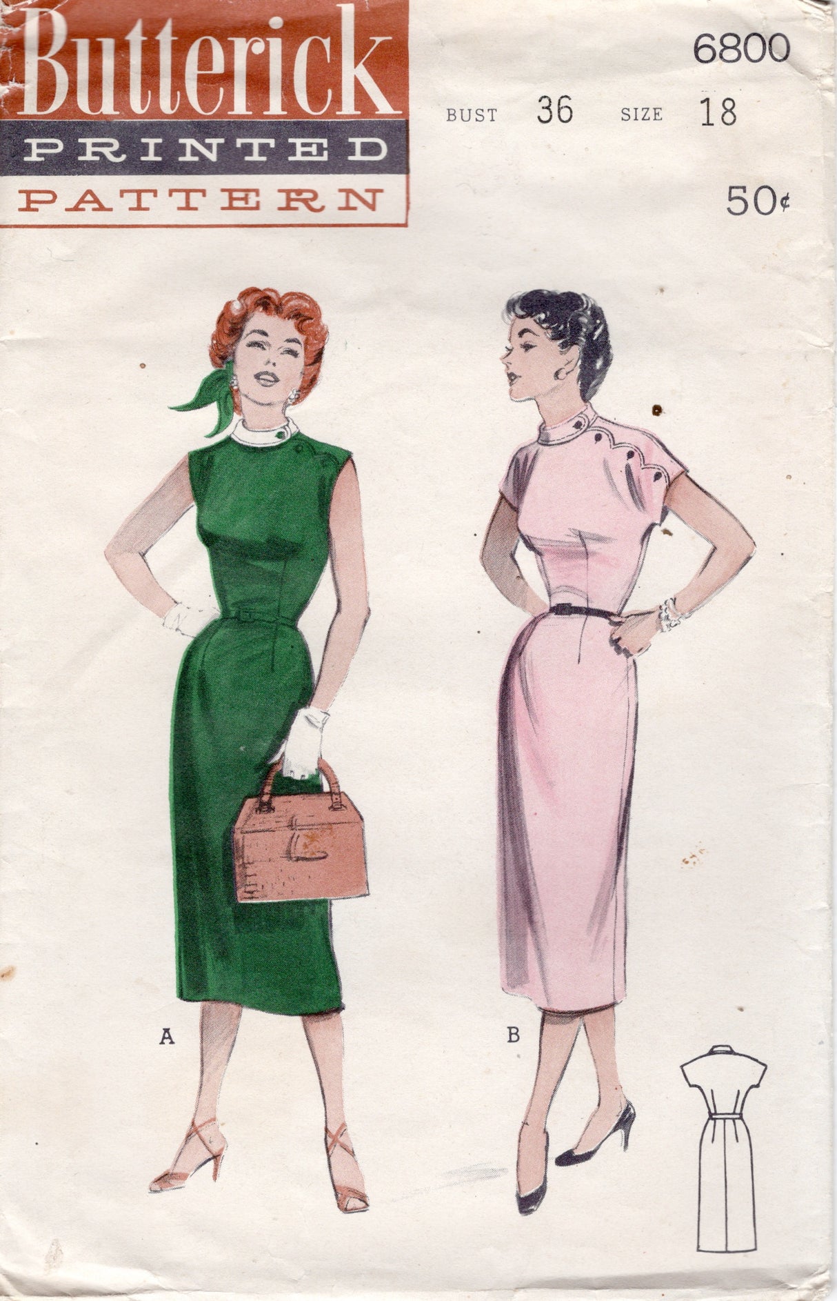 1950's Butterick Asymmetrical Bodice Dress Pattern - Bust 36" - No. 6800