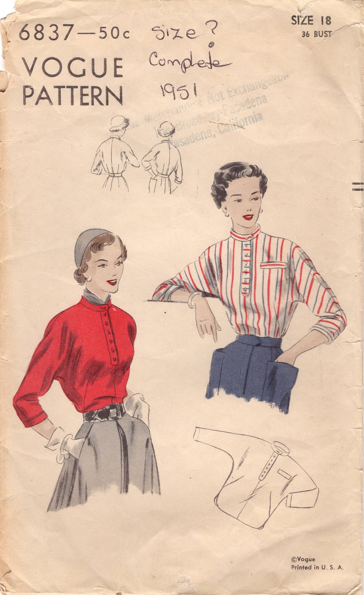 1940's Vogue Blouse Pattern with Dolman Sleeves - Bust 36" - no. 6837