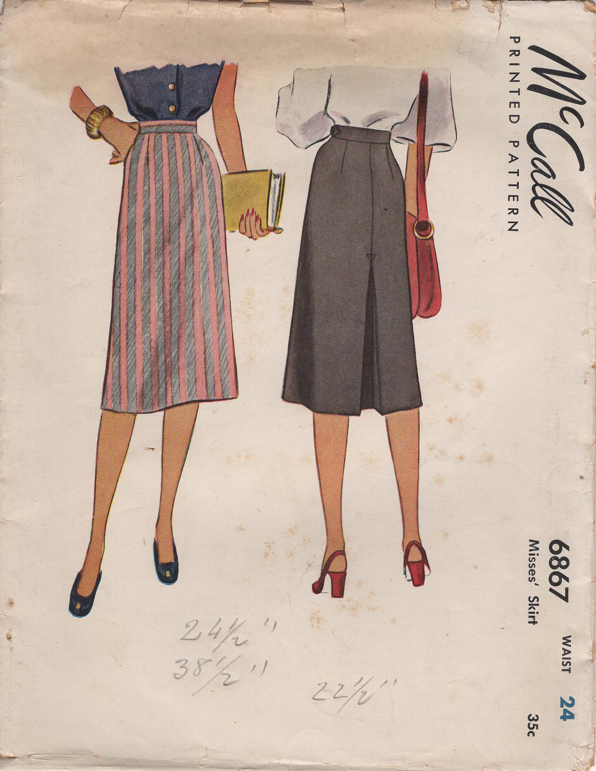 1940's McCall Straight Line Skirt Pattern with Back Inset - Waist 24" - No. 6867