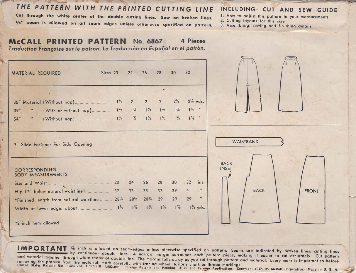 1940's McCall Straight Line Skirt Pattern with Back Inset - Waist 24" - No. 6867