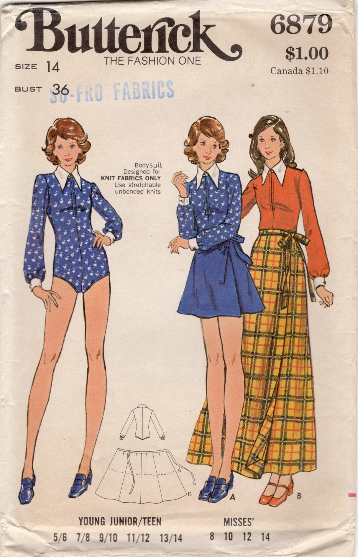 1970's Butterick Zip Front Bodysuit and Wrap Skirt pattern - Bust 36" - No. 6879