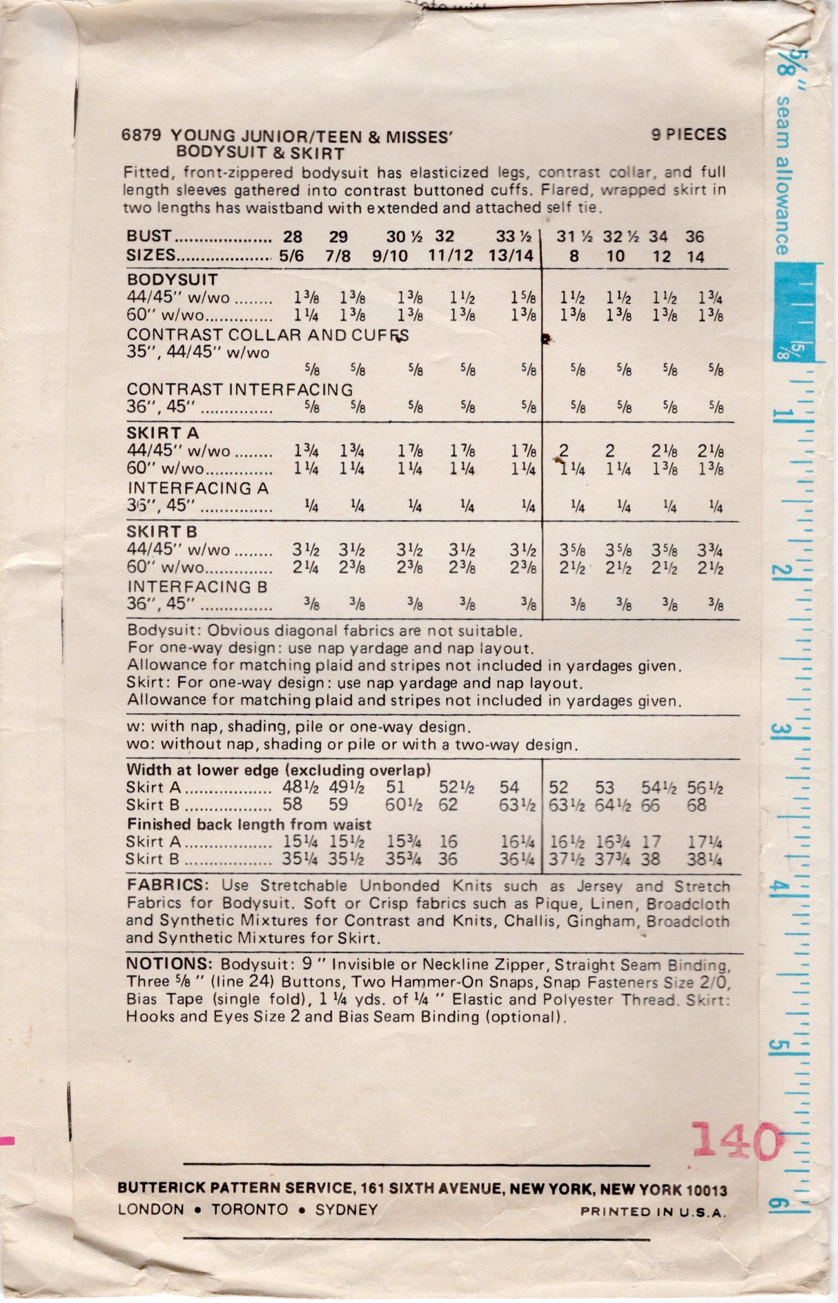 1970's Butterick Zip Front Bodysuit and Wrap Skirt pattern - Bust 36" - No. 6879