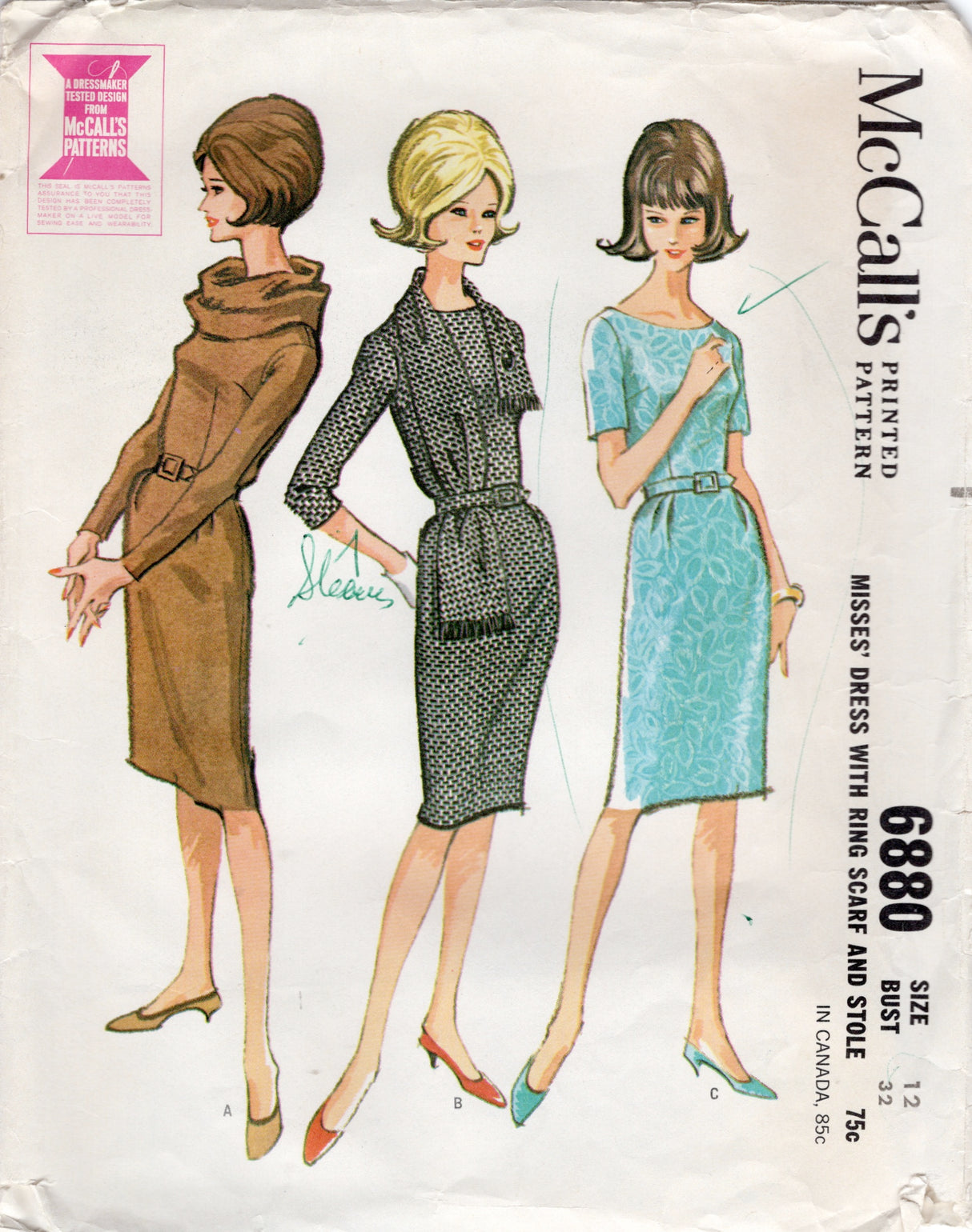 1960's McCall Slim Line Dress pattern with Stole or Ring Scarf - Bust 32" - No. 6880