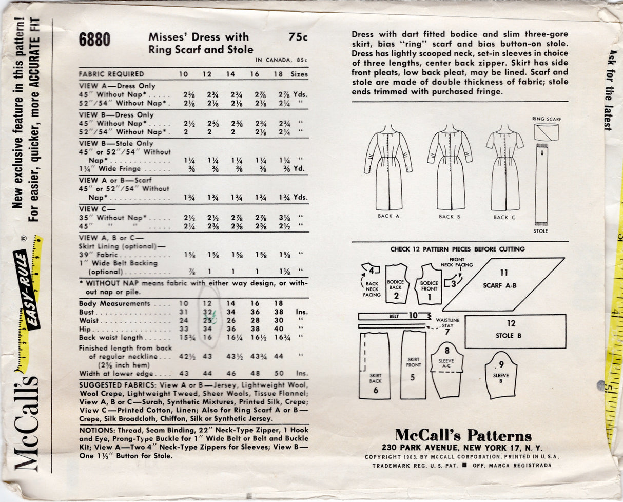 1960's McCall Slim Line Dress pattern with Stole or Ring Scarf - Bust 32" - No. 6880