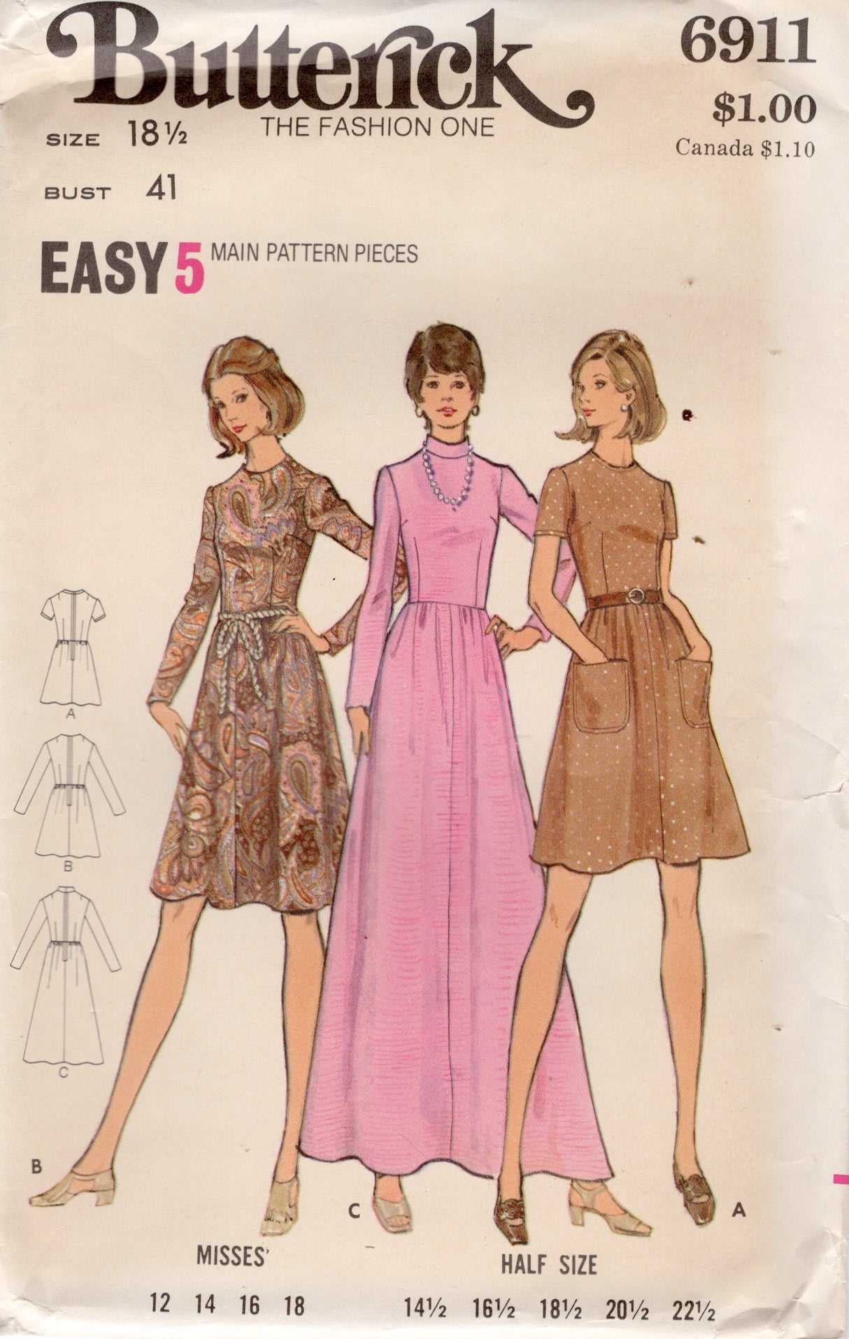 1970's Butterick High Neck Dress Pattern with or without Stand Collar - Bust 41" - No. 6911