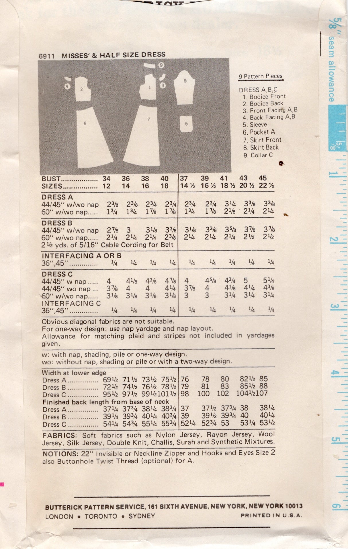 1970's Butterick High Neck Dress Pattern with or without Stand Collar - Bust 41" - No. 6911