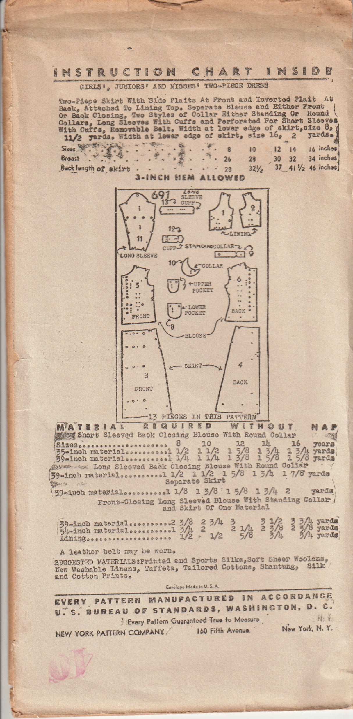 1930's New York Child's Two Piece Dress Pattern - Chest 26" - No. 691