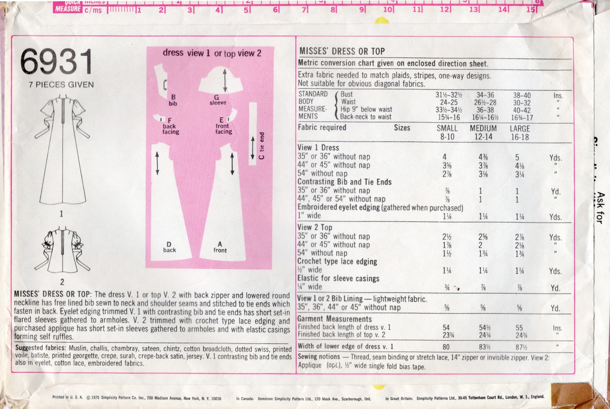 1970's Simplicity Panel Front Top or Maxi Dress Pattern with Puff Sleeves - Bust 38-40" - No. 6931