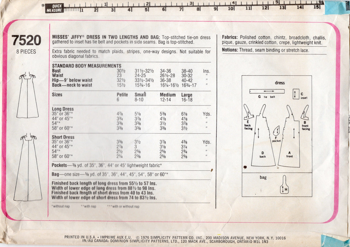 1970's Simplicity Jiffy Muu-muu Dress Pattern - Bust 38" - No. 7520