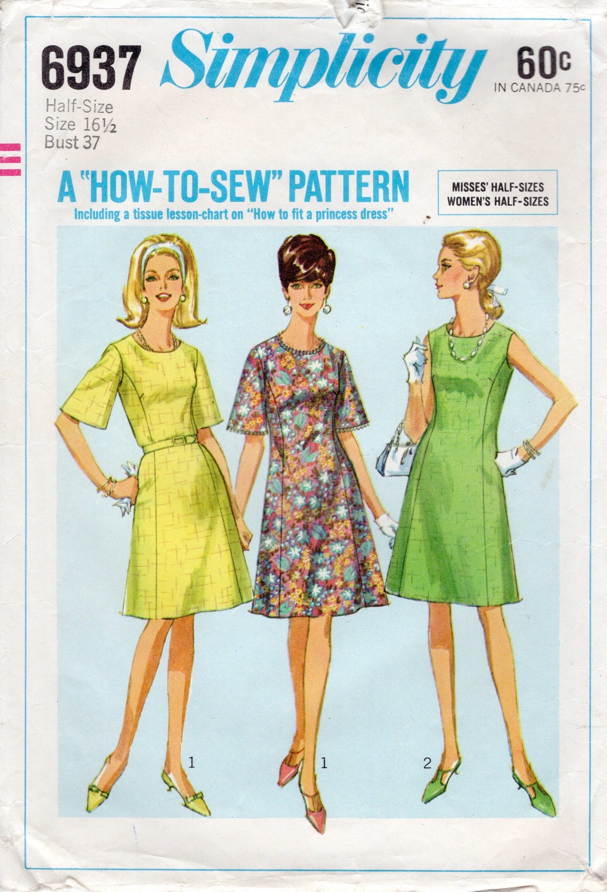 1960's Simplicity "How to Sew" Princess Line Dress Pattern - Bust 37" - No. 6937