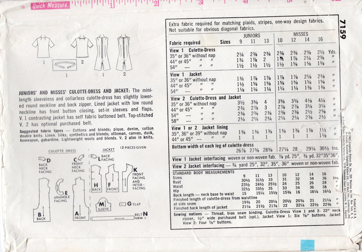 1960's Simplicity Culotte-Dress (Romper) and Scoop Neck Jacket Pattern - Bust 34" - No. 7159