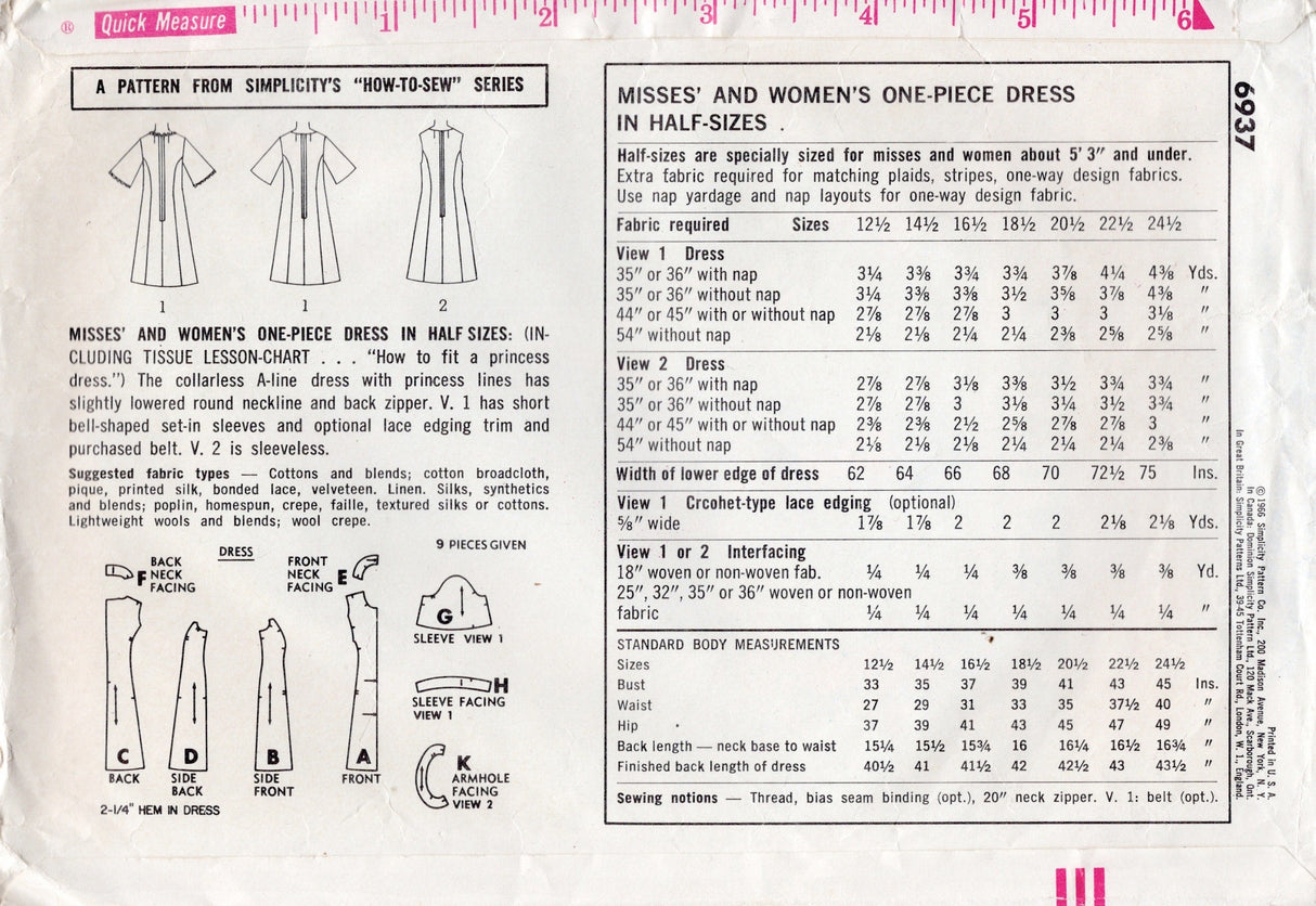 1960's Simplicity "How to Sew" Princess Line Dress Pattern - Bust 37" - No. 6937
