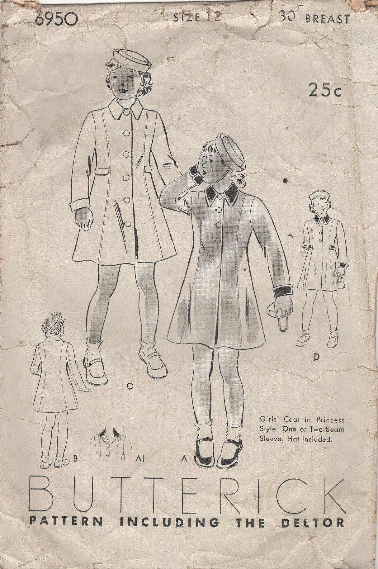 1930's Butterick Child's Princess Seam Coat and Hat Pattern - Chest 30 - No. 6950
