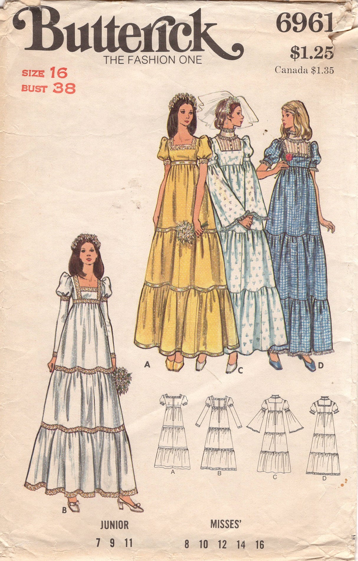 1970's Butterick Empire Waist Tiered Wedding Dress Pattern with Square Neckline - Bust 38"- No. 6961