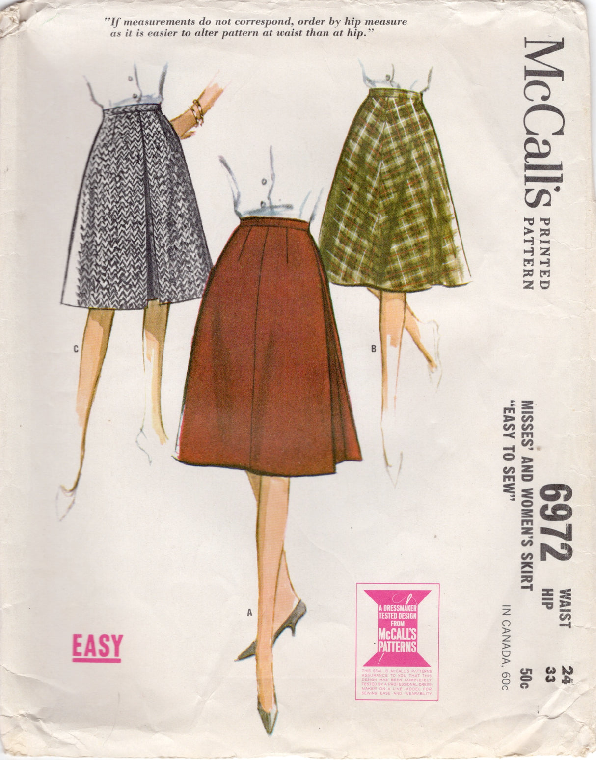 1960's McCall's Four Gore Skirt Pattern - Waist 24"- No. 6972