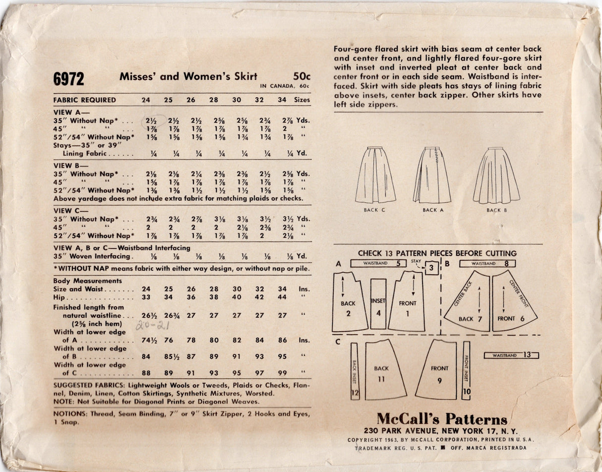 1960's McCall's Four Gore Skirt Pattern - Waist 24"- No. 6972