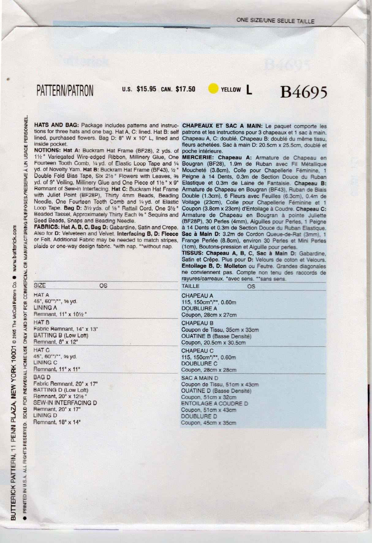 2000's Butterick Buckram Hats and Bag Pattern - OSZ - No. B4695