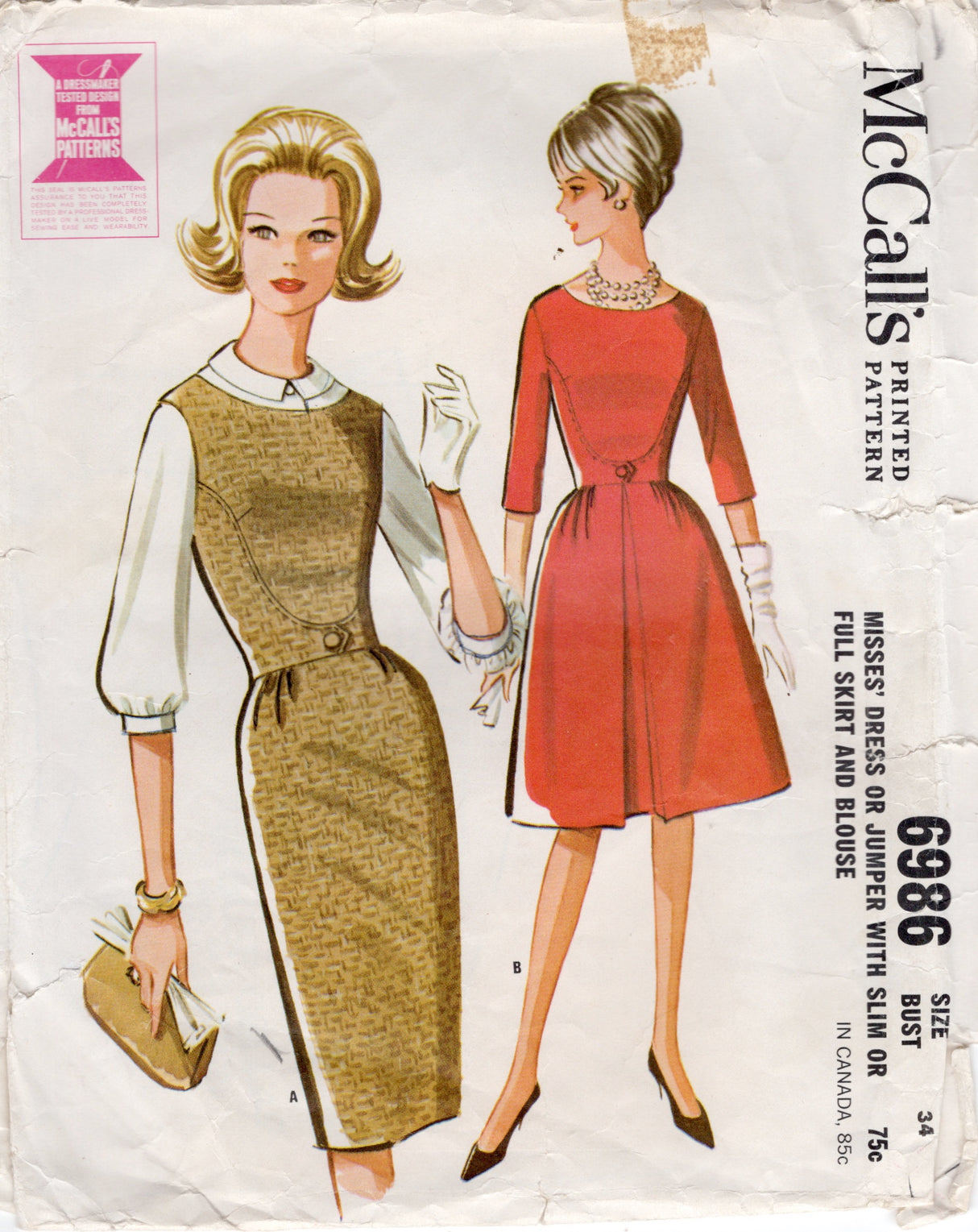 1960's McCall's Blouse and One Piece Dress Pattern with Scoop Fitted Waist and Two Skirt options - Bust 34" - No. 6986